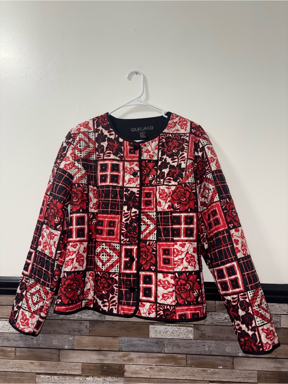 Vintage SilkLand Red & Black Patchwork Quilted Bomber Jacket Size Large